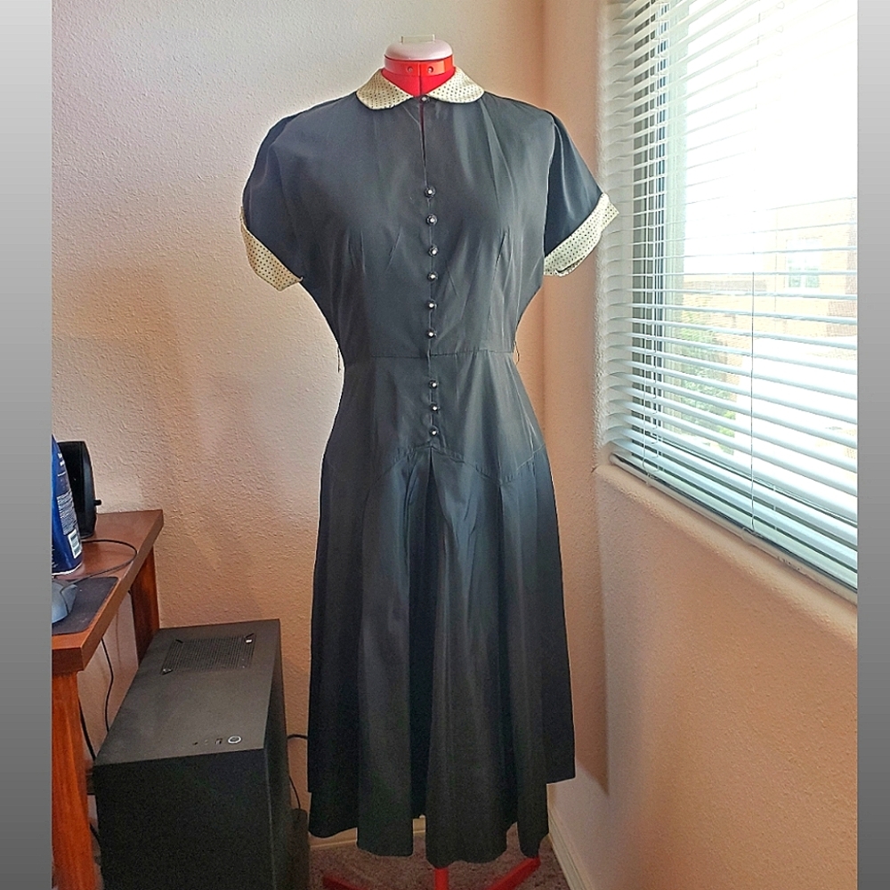 Vintage 50s Taffeta Black Dress with Peter Pan Collar and Rhinestone Buttons